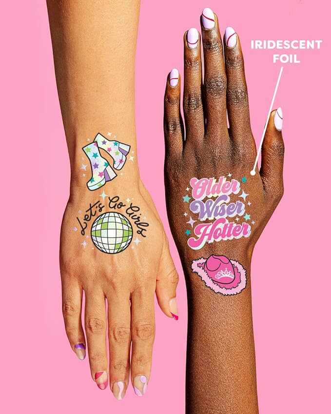 xo Fetti Birthday Decorations Temporary Tattoos - 44 pcs | Fun Bday Girl Party, Older, Wiser, Hotter, HBD, Disco Cowgirl, Hot Girl Bday