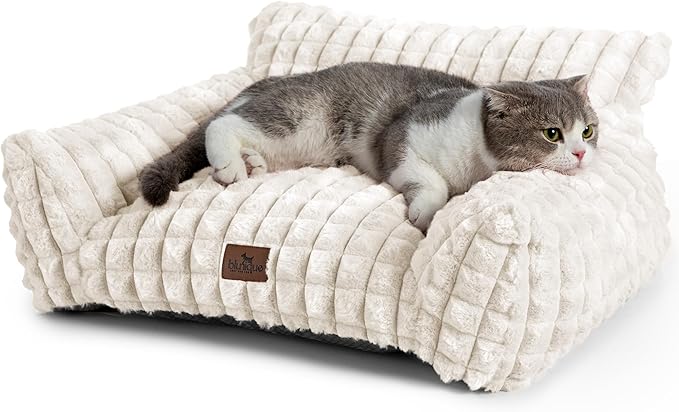 Cat Couch Bed with Fluffy Faux Rabbit Fur for Indoor Cats, 24 Inch | Cute Fuzzy Pet Sofa With Washable Cover For Puppy Kitten, Suppportive Small Pets Couch in 3D Diamond Pattern, Off White