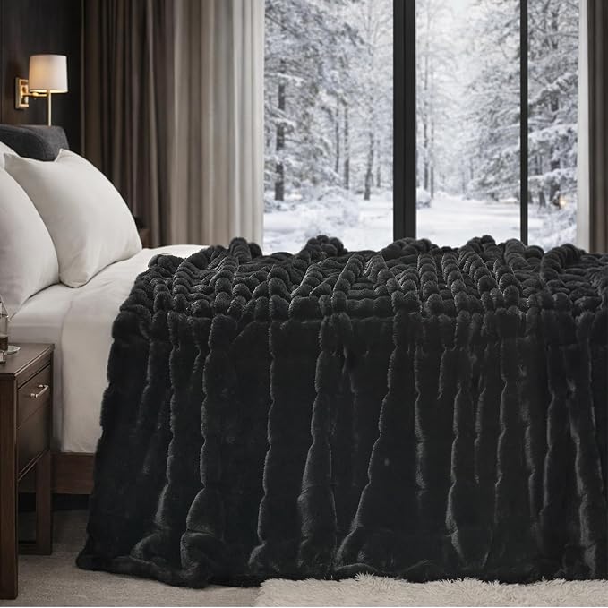 Cozy Bliss Deluxe Sheared Rabbit Faux Fur Throw Blanket, Soft Fuzzy High-Low Sculpted Plush Blanket for Couch, Cozy Home Accent, All Season Use, Black 50"x60"