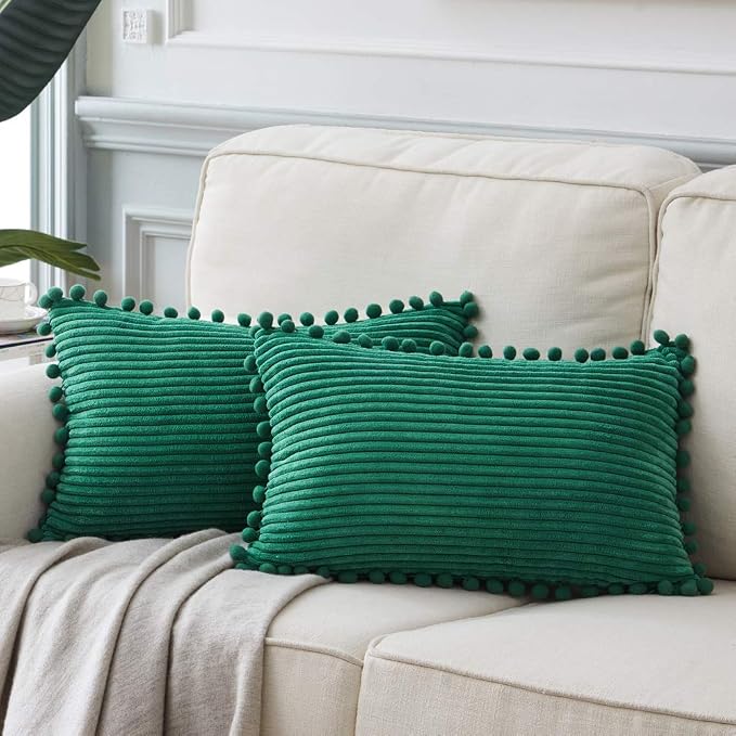 Fancy Homi Pack of 2 Boho Green Rectangle Decorative Throw Pillow Covers with Pom-poms, Soft Corduroy Accent Solid Cushion Case Set for Couch Sofa Bedroom Car Living Room (12x20 Inch/30x50 cm, Green)
