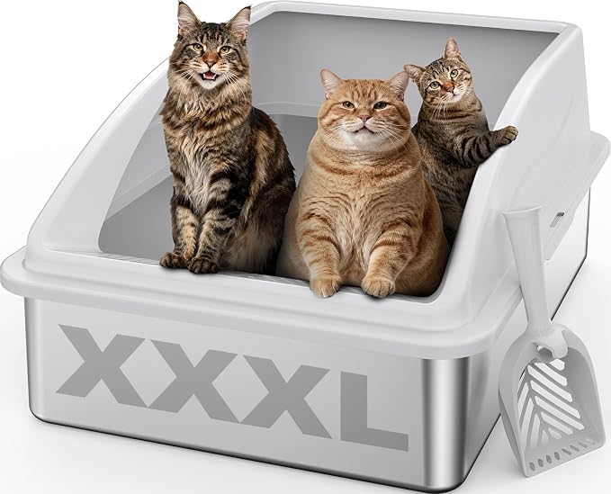 AIPERRO Stainless Steel Litter Box Extra Large for Big Cats and Multi-Cats | Jumbo Extra Large High Sided Metal Cat Box with Lid | Anti-Urine Leakage,Non-Stick & Easy to Clean | Include Litter Cat Scoop