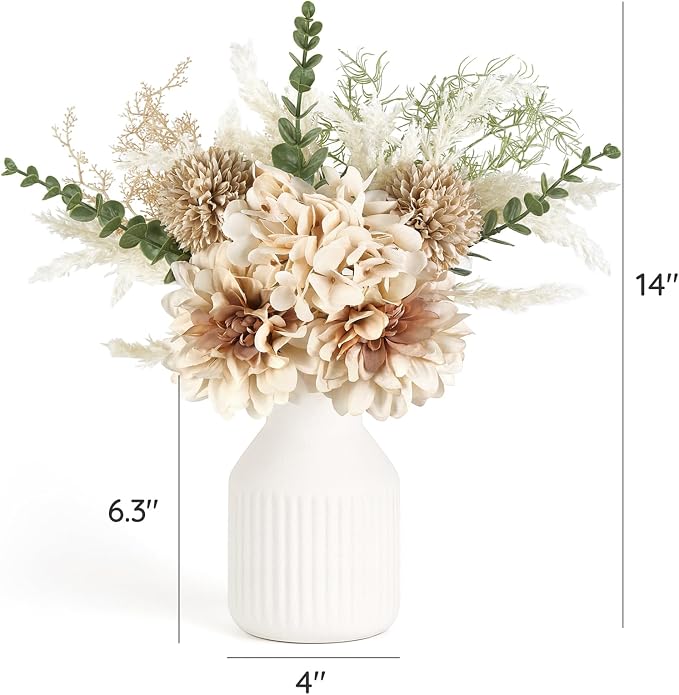 Mkono Fake Flowers in Ceramic Vase, 14" Coffee Table Centerpieces, Brown | Table Decor with vase, Small Silk Faux Artificial Flower Arrangements, Fits Bathroom Dining Room Kitchen Home Indoor Decor