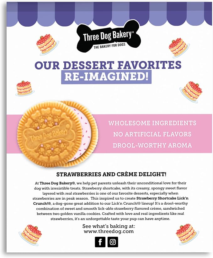 Three Dog Bakery Lick'n Crunch! Dog Treats - 13 oz | Strawberry Shortcake Sandwich Cookies with Golden Vanilla and Strawberry Flavored Creme - Crunchy Pup Treats
