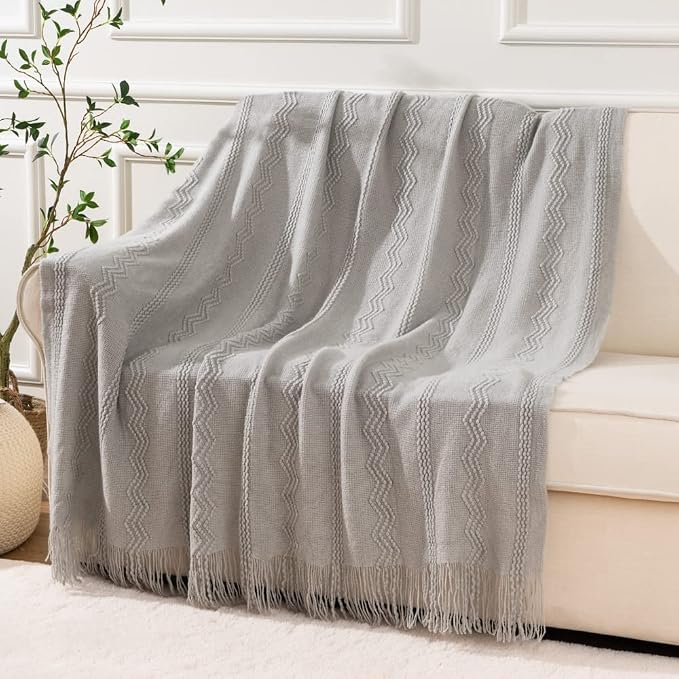 BATTILO HOME Light Grey Throw Blanket for Couch, Geometric Grey Bed Throws Decorative Boho Blanket for Sofa Living Room, 50"x60"