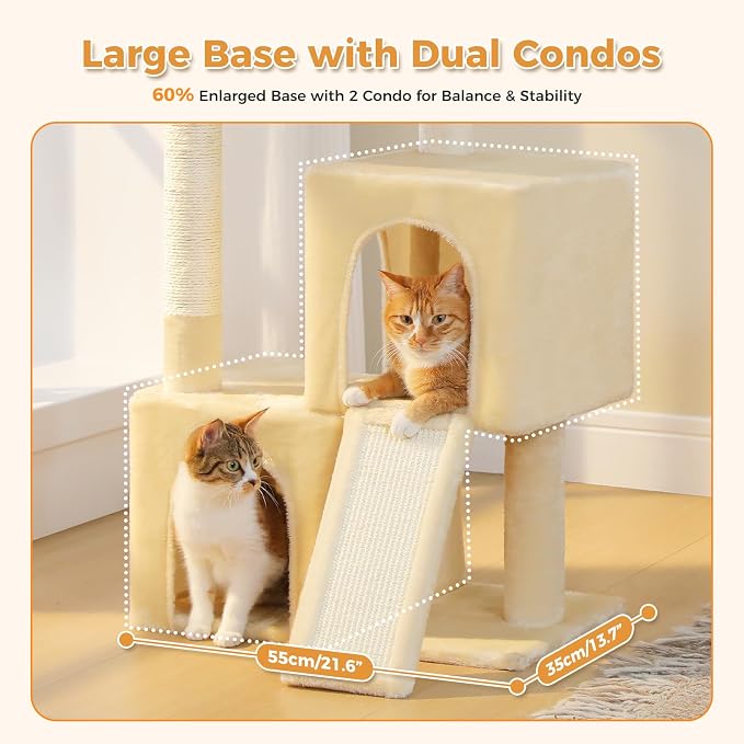 PAWZ Road Cat Tree, 35" Cat Tower with Dual Condos for Indoor Cats, Beige | cat tree tower with enlarged perch, scratching ramp, dual condos and large base for small & adult cats