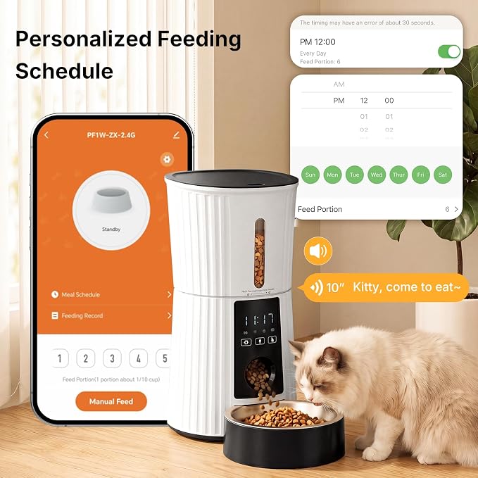 NEWBULIG 4L Automatic Cat Feeder with APP, 2.4G WiFi Pet Feeders - White | Applicable for Dry Food, 19.5 Cups, Programmable Schedule, 10 Meals/Day, 50 Portions/Meal, 10s Voice Recorder, Dual Power