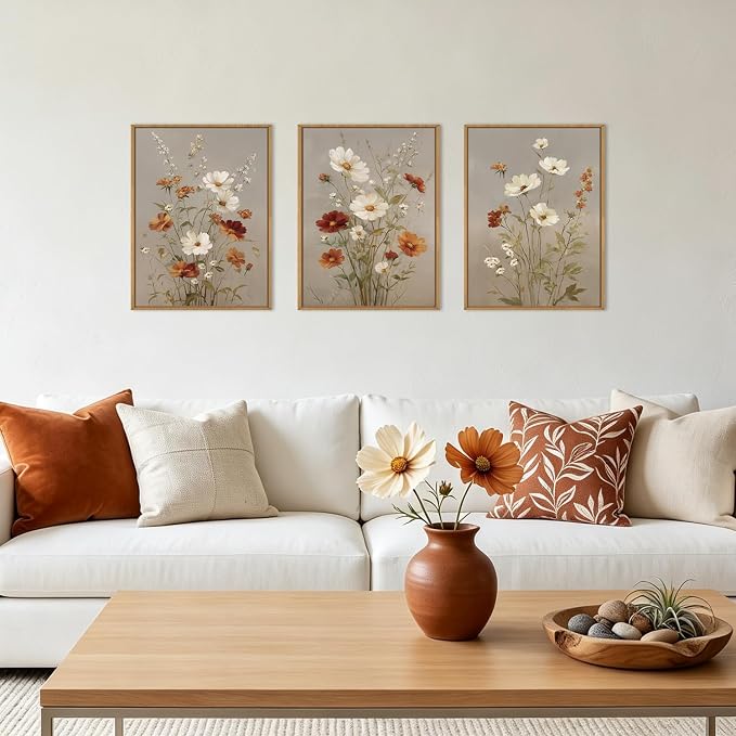 BINCUE Vintage Flower Wall Art Canvas Rustic Wildflower Artwork Neutral Botanical Wall Decor Framed Mid Century Floral Painting Farmhouse Daisy Prints for Living Room Bedroom Office 12"Lx16"W Set of 3