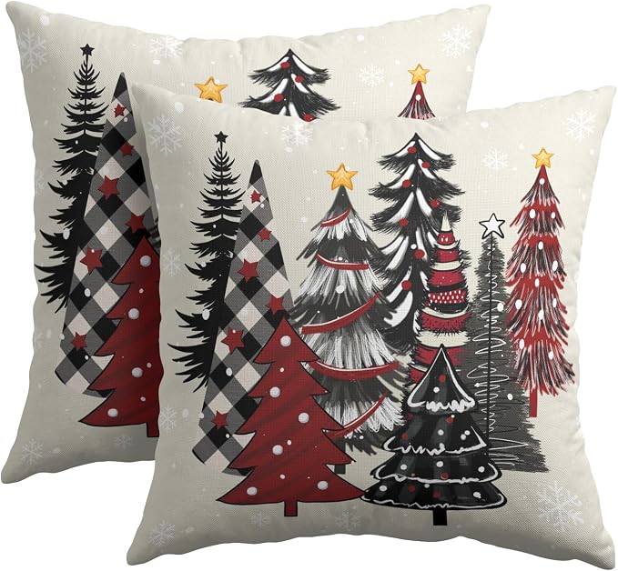 Kawani Buffalo Plaid Trees Pillow Covers 20x20 Set of 2 Red Black Christmas Tree Winter Holiday Decor Throw Cushion Case Cotton Linen for Home Sofa Bedroom Livingroom Decor