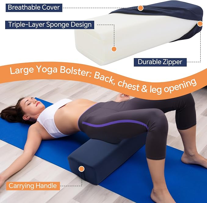 MABOZOO 2-Piece Yoga Bolster Pillow, Rectangular & Crescent Meditation Cushions with Removable Cover for Restorative Yoga, Meditation Accessories for Sitting on Floor