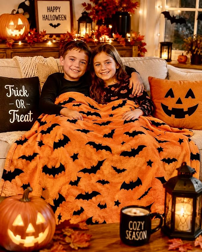 Halloween Fleece Throw Blanket, Black Bats on Orange background, 50x70 in | Ultra-soft cozy flannel fleece, for sofa couch bed chair & dorms, spooky Halloween décor, durable and machine washable.
