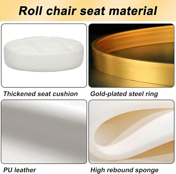 Gold Rolling Vanity Stool with Wheels, Salon Spa Tattoo Massage Pedicure Chair, PU Leather Roller Chair, 43-55cm Height Adjustable Office Work Swivel Stool (White, Without Back)
