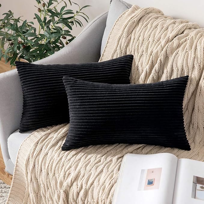 MIULEE Lumbar Corduroy Throw Pillow Covers Set of 2 12x20 Black | Decorative Soft Striped Textured Cushion Cases, Boho Modern Pillowcases for Home Decor, for Couch Chair Sofa Bed Living Room