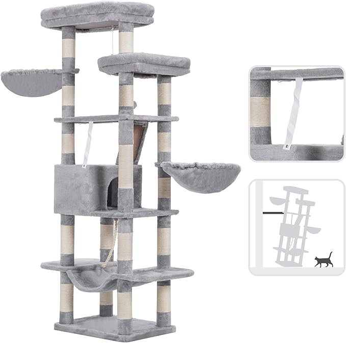 Heybly Cat Tree, 68 inch Multi-Level Cat Tower for Indoor Cats HCT025W | Cat Condo with 2 Widened Plush Perches, 2 Cozy Baskets, Scratching Board and Big Caves, Light Gray