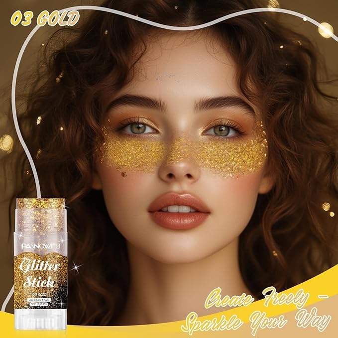 Gold Body Glitter Stick, Shimmer Face and Body Glitter for Women and Girls, Gel Formula Hair Tinsel Festival Accessories for Party Concert Makeup, Stage Performance Cosplay Events