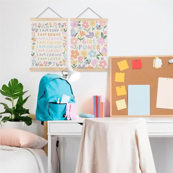 URLLUAE Girls Room Wall Decor, Nursery Colorful Flower Girly Wall Art With Wooden Poster Hanger, Pastel Floral Inspirational Canvas Prints Posters for Girls Room Nursery Playroom, 12x16 Inch Set of 2