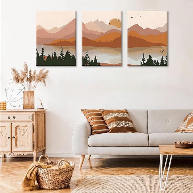 Bwodke Orange Mountain Canvas Wall Art Set of 3, 12x16 inch | Boho Watercolor Wall Decor, Orange Mountain Sun Forest Prints, Living Room Bedroom Office Art