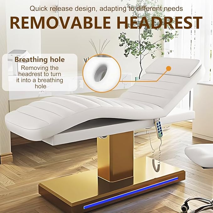 Massage Table-Electric Massage Table with White Light Luxury Style, Facial Beauty Table Includes Intelligent Angle Adjustment, Ambient Light