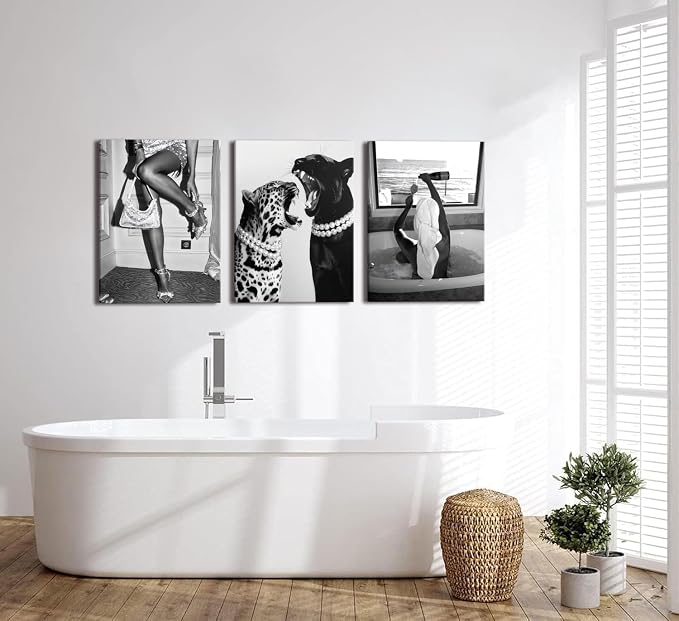 Bathroom Fashion Leopard Print Black and White Canvas Wall Art Trendy Women Posters Paintings Luxury Feminist Pictures Wall Decor for Bedroom Living Room Hallway Home Decoration 16x24 In Framed