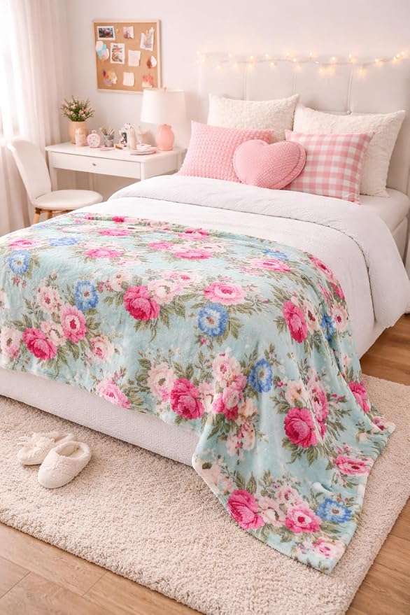 Spring Velvet Fleece Floral Throw Blanket: Rose Garden of Pink Blue Green Flowers on a Colorful Soft Cozy Aqua Design, Oversized 50" x 70"
