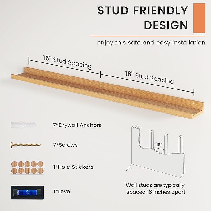 Picture Ledge Shelf, Floating Shelves for Wall, 48" W Set of 2, Oak | FSC Certified Engineered Wood, Wall Mounted Bookshelf, for Nursery Living Room Bedroom, Pre-Drilled, Easy Install