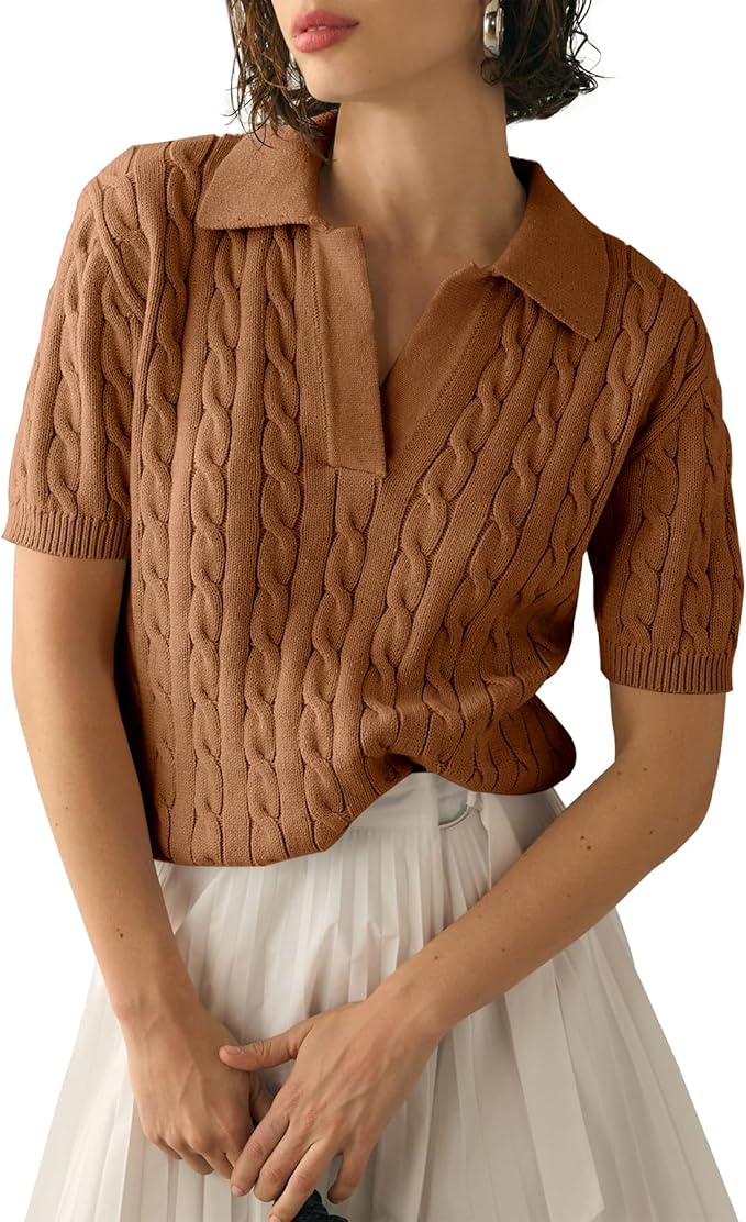 Imily Bela Womens Cable Short Sleeve Sweaters Tops Lapel V Neck Knit Shirt | Solid,Knit Casual,Soft Pullover,Fall Sweaters,Womens Summer Work Tops