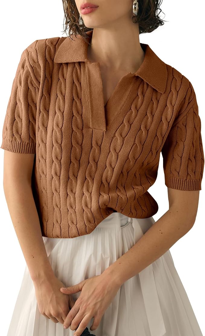 Imily Bela Womens Cable Short Sleeve Sweaters Tops Lapel V Neck Knit Shirt | Solid,Knit Casual,Soft Pullover,Fall Sweaters,Womens Summer Work Tops