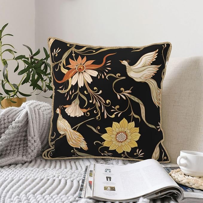 Flowers Birds Velvet Pillow Covers 16x16 Inch Vintage Floral Black Throw Pillows for Couch Farmhouse Cushion Covers Pillowcase Retro Rustic Pillow Cases for Sofa Bed Living Room Outdoor