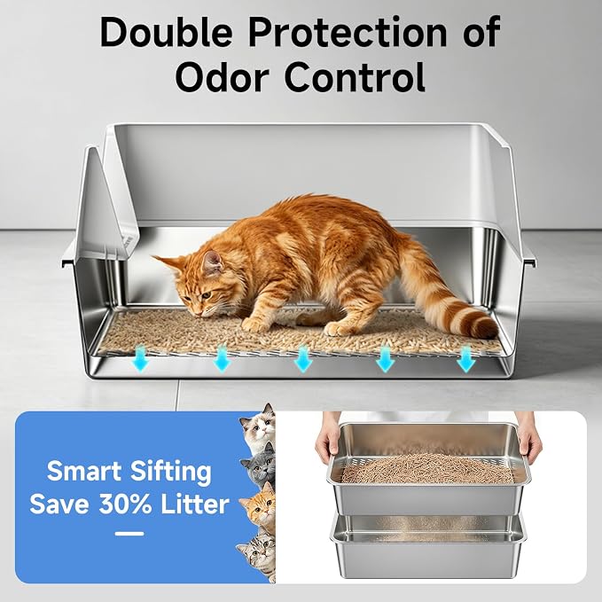 Stainless Steel Sifting Cat Litter Box for Pine Pellets, Light Gray | Sifting Design, Double Layer Mesh System, With High Sides, Non-Stick Surface, Easy Clean, for Large Cats