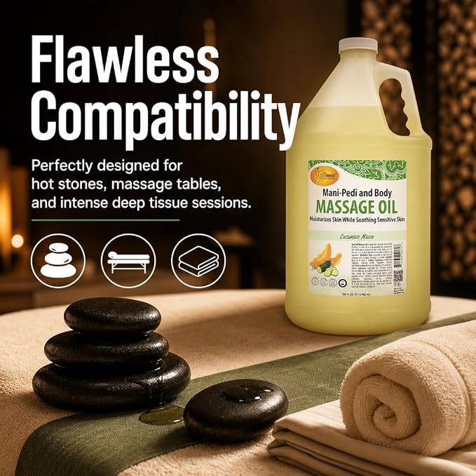 SPA REDI Botanical Massage Oil – 5-Oil Blend for Professional & At-Home Body Massage | Cucumber & Melon, Almond, Avocado, Sunflower & Vitamin E | Cruelty-Free, Sulfate-Free, Silicone-Free | 128 oz
