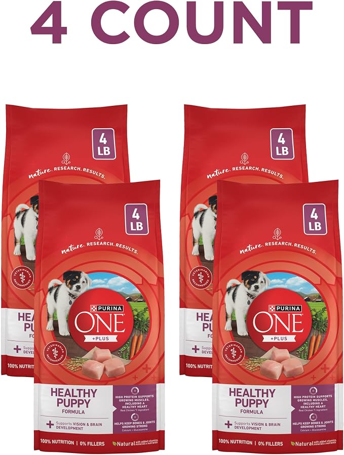 Purina ONE Plus Healthy Puppy Formula High Protein Natural Dry Puppy Food with Added Vitamins, Minerals and nutrients - (Pack of 4) 4 lb. Bags | High protein dog food for puppies, real chicken, DHA to support vision and brain development, antioxidants ...