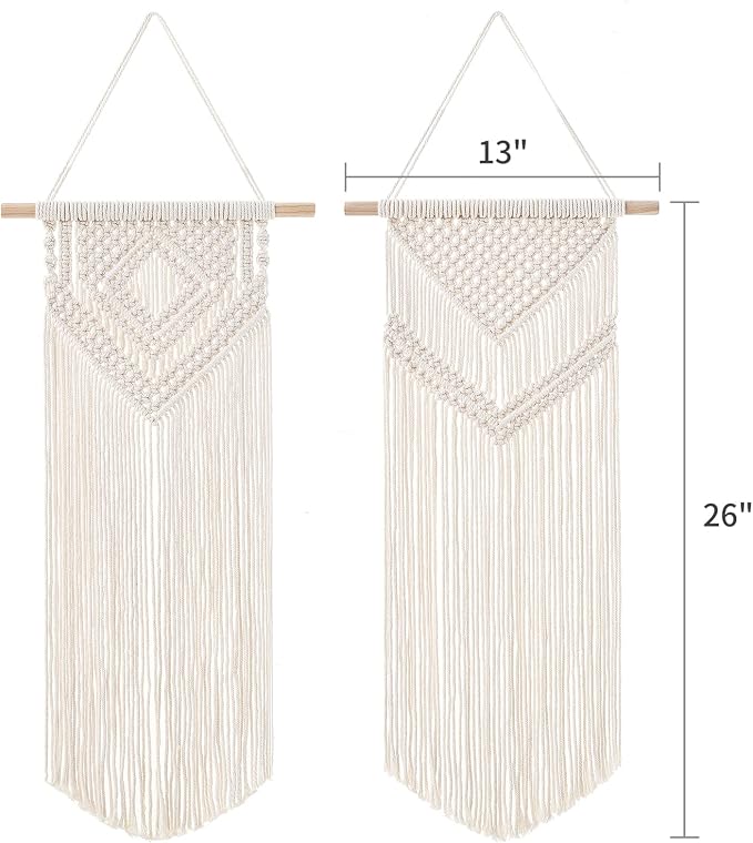 Dahey 2Pcs Macrame Wall Hanging Boho Tapestry Wall Art Bedroom Decor,Medium | Woven Craft, Unique Tassels, Soft Cotton Cord, Wood Dowel, Ready to Hang, Boho Wall Decor for Dorm Classroom Nursery Backdrop