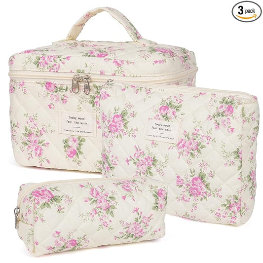 honitty Makeup Bag,Quilted Cosmetic Bags,Large Floral Make Up Organize bag,Makeup Bag Set for Women,Flower Travel Toiletry Bag