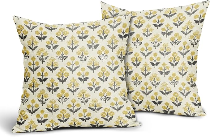 Black Yellow Floral Pillow Covers 24x24 Inch Set of 2, Vintage Flower Block Print Spring Summer Decorative Throw Pillowcases Outdoor Rustic Farmhouse Cushion Covers Seasonal Sofa Couch Bed Decor