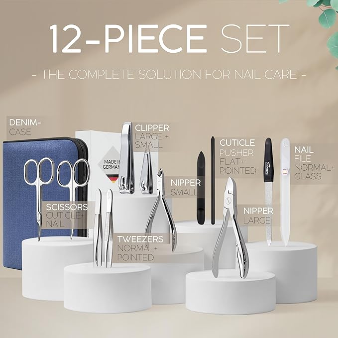 Manicure Set Women and Men – 12-Piece Professional Grooming Kit with Premium Tools, Artificial Leather Case, and exclusive Glass Nail File for Hand & Foot Care, German Quality