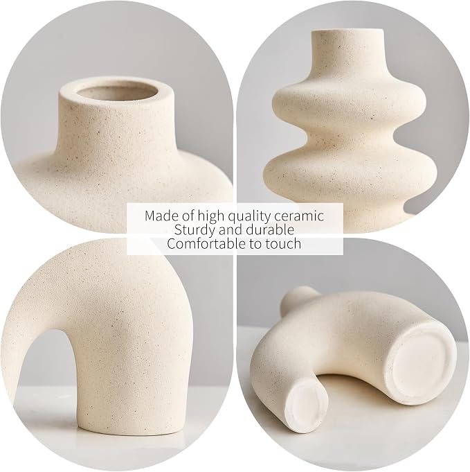 White Ceramic Vase Set of 3, Small Flower Vases for Pampas Grass | Modern Boho Vase for Decor, Round White Vases Centerpieces for Wedding Living Room Bedroom Coffee Table Dinner Table