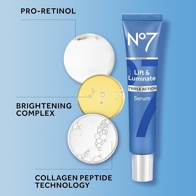 No7 Lift & Luminate Triple Action Face Serum - Collagen Peptide Anti-Wrinkle + Brightening Emblica & Vitamin C Serum + Pro Retinol Skin Firming Hyaluronic Acid & Hibiscus (50ml)