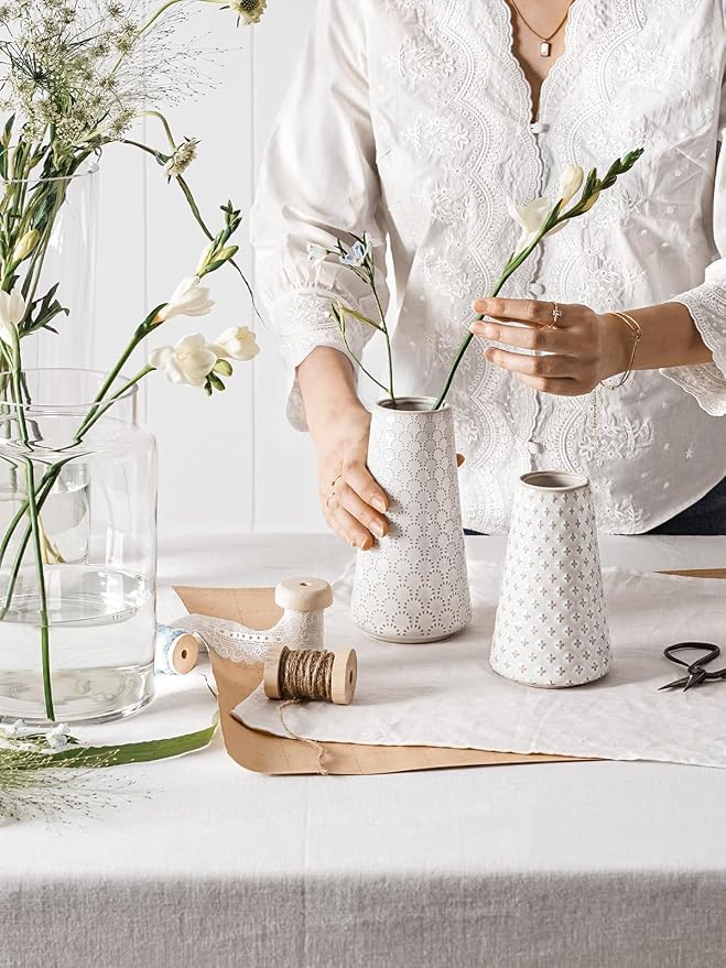 Ceramic Vase for Decor, 6 Inch+7.1 Inch White Flower Vase for Lego Flowers, Tulip and Pampas Grass, Embossed Farmhouse Vases for Centerpieces,Home Living Room Dining Table Office Decor, Arctic White