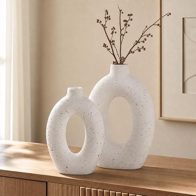 LE TAUCI Ceramic Vases Set of 2, White Hollow Donut Flower Vases, Nordic Decor Decorative Centerpiece for Living Room, Office Table, Shelf, Mantel, White Speckled (H10.5”xW8.5”)