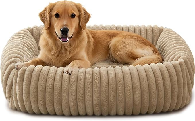 FURTIME Dog Beds Large Sized Dog, Washable Orthopedic Pet Bed with Removable Cover, Rectangle Soft Calming Sleeping Puppy Bed Durable Pet Cuddler with Anti-Slip Bottom, Beige, L(36"x27"x8")