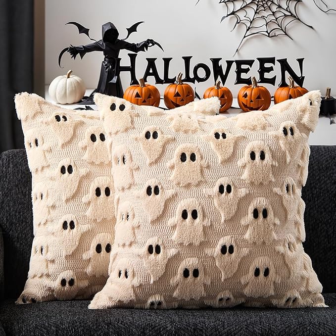 DFXSZ Halloween Pillow Covers 16x16 inch 2Pcs Beige Ghost Halloween Decor | Halloween Decorations Set of 2 Throw Pillow Cases Plush Faux Fur Wool Cushion for Chair Sofa Bedroom Living Room Home Decor