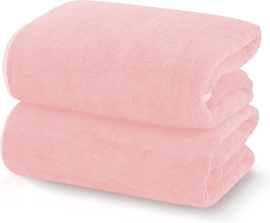 TENSTARS Silk Hemming Bath Towels for Bathroom Clearance - 27 x 55 inches - Light Thin Quick Drying - Soft Microfiber Absorbent Towel for Bath Fitness, Sports, Yoga, Travel, Gym - 2 Pack, Pink