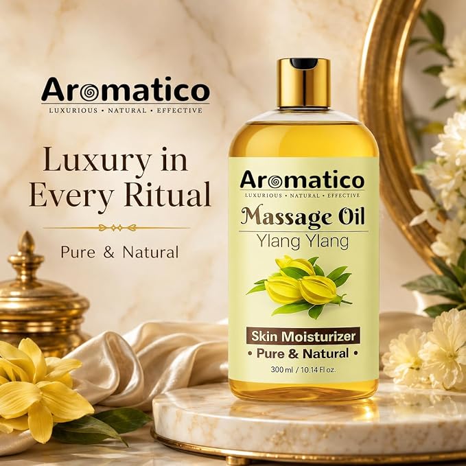 Aromatico Ylang Ylang Massage Oil 10.1 fl oz – Floral Body Oil for Relaxation & Skin Nourishment – Lightweight, Non-Greasy, Fast Absorbing Massage Oil for Spa & Daily Use