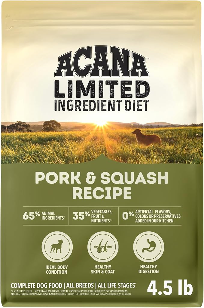 ACANA Singles Limited Ingredient Dry Dog Food Pork & Squash 4.5lb Bag | Freeze Dried, Grain Free, High Protein, Made in the USA, Includes Probiotics, Limited Ingredient, Global Quality Ingredients