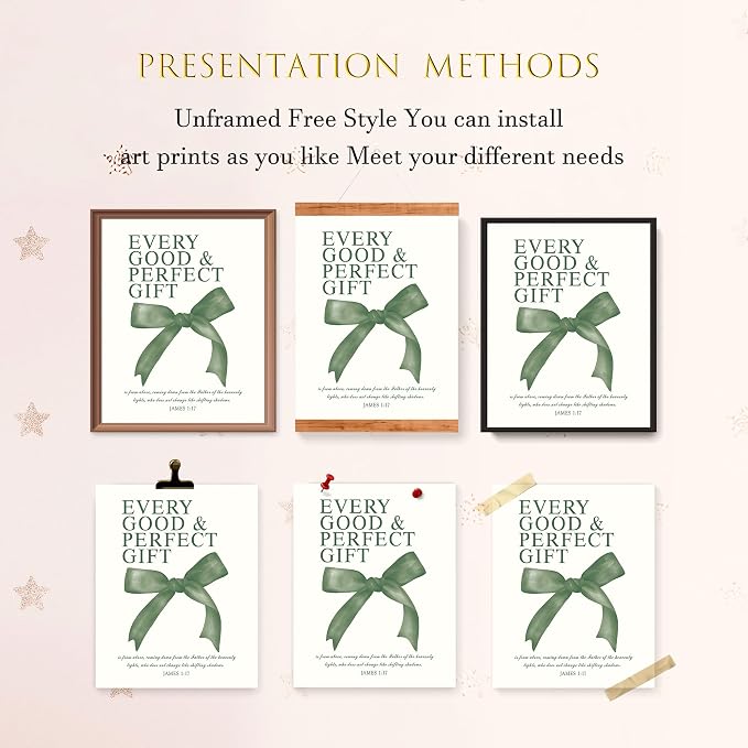 LARTSFRO Coquette Green Bow Wall Art Decor Posters, Olive Green Bow Christian Room Bedroom Bathroom Dorm Wall Art Decor Aesthetic for College Teen Girls Gifts, Inspirational Bible Verses Bow Wall Decor, 10x8 Inch Set of 4 Pcs Bow Pictures (UNFRAMED)