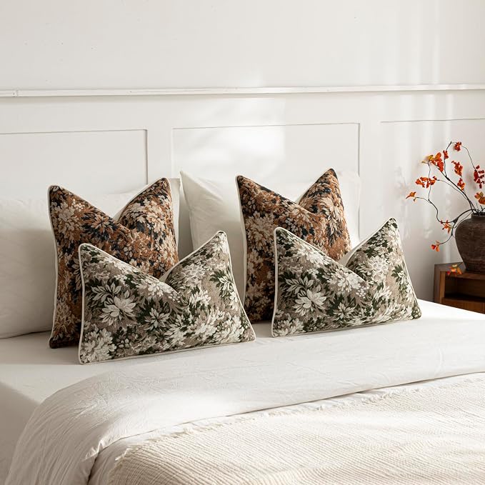 Pack of 2 Vintage Floral Throw Pillow Covers 16x16 Boho Farmhouse Accents Chenille Square Decorative Pillow Cases for Living Room Couch Bed Home Decor, Cognac