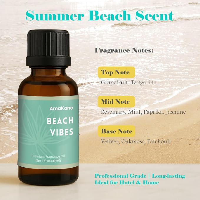 AmaKane Beach Vibes Fragrance Oil for Aromatherapy, Beach Essential Oil for Diffusers for Home, DIY Candle Making Scents, Summer Fragrance Oil for Soap Making, 30ml