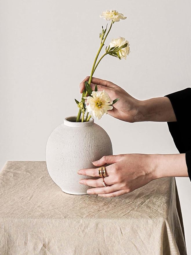 Small White Ceramic Vase - 6.3 Inch Rustic Farmhouse Flower Vase for Home Decor, Minimalist Vases for Living Room, Table, Bathroom, Holiday & Weddings (Sandstone White)