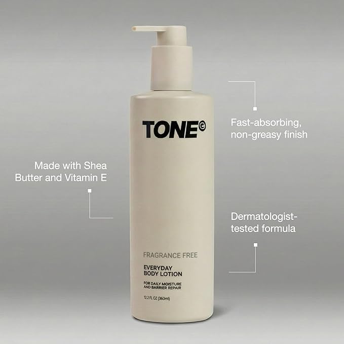 TONE Everyday Body Lotion for Men & Women, Fragrance Free, Fast Absorbing & Hydrating Body Lotion for All Skin Types Made with Shea Butter and Vitamin E for Soft Skin, Paraben-Free, 12.2 oz