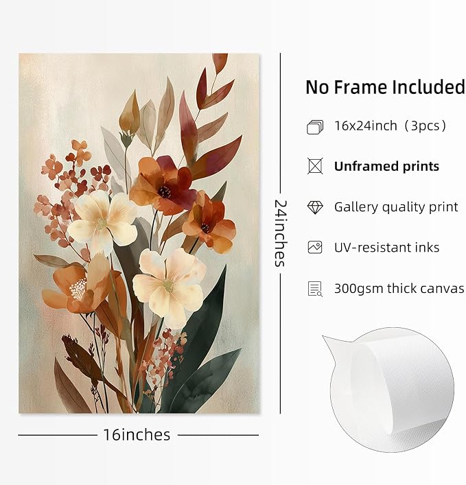 Boho Flower Wall Art Vintage Abstract Floral Prints Botanical Canvas Wall Decor Flower Farmhouse Pictures Fall Plant Poster Rustic Autumn Floral Artwork for Bedroom Living Room 16x24x3 Inch Unframed ﻿