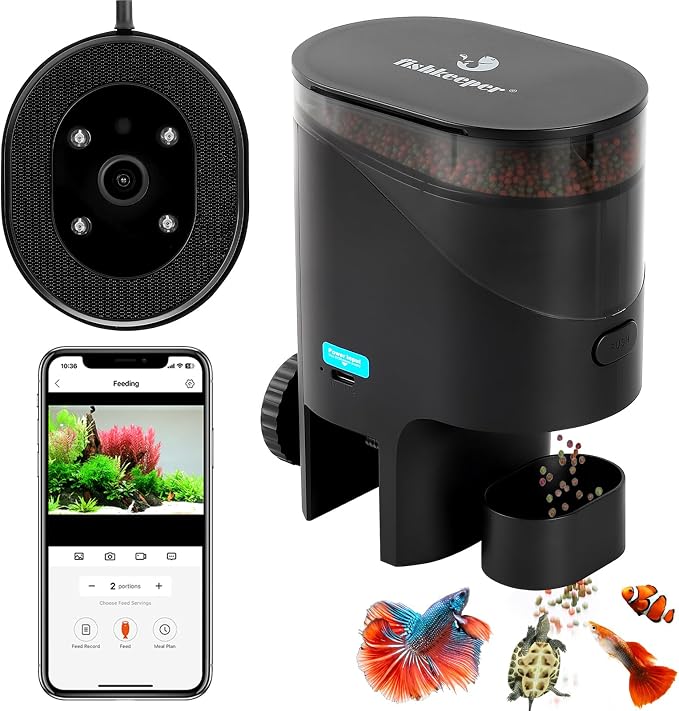 fishkeeper Automatic Fish Feeder for Aquarium Flakes, WiFi (2.4G/5.0G) | APP Control - Auto Fish Food Dispenser/Betta Fish Feeder with HD 2.5K Camera and Timer, Aquarium Feeder for Turtle Koi Tanks
